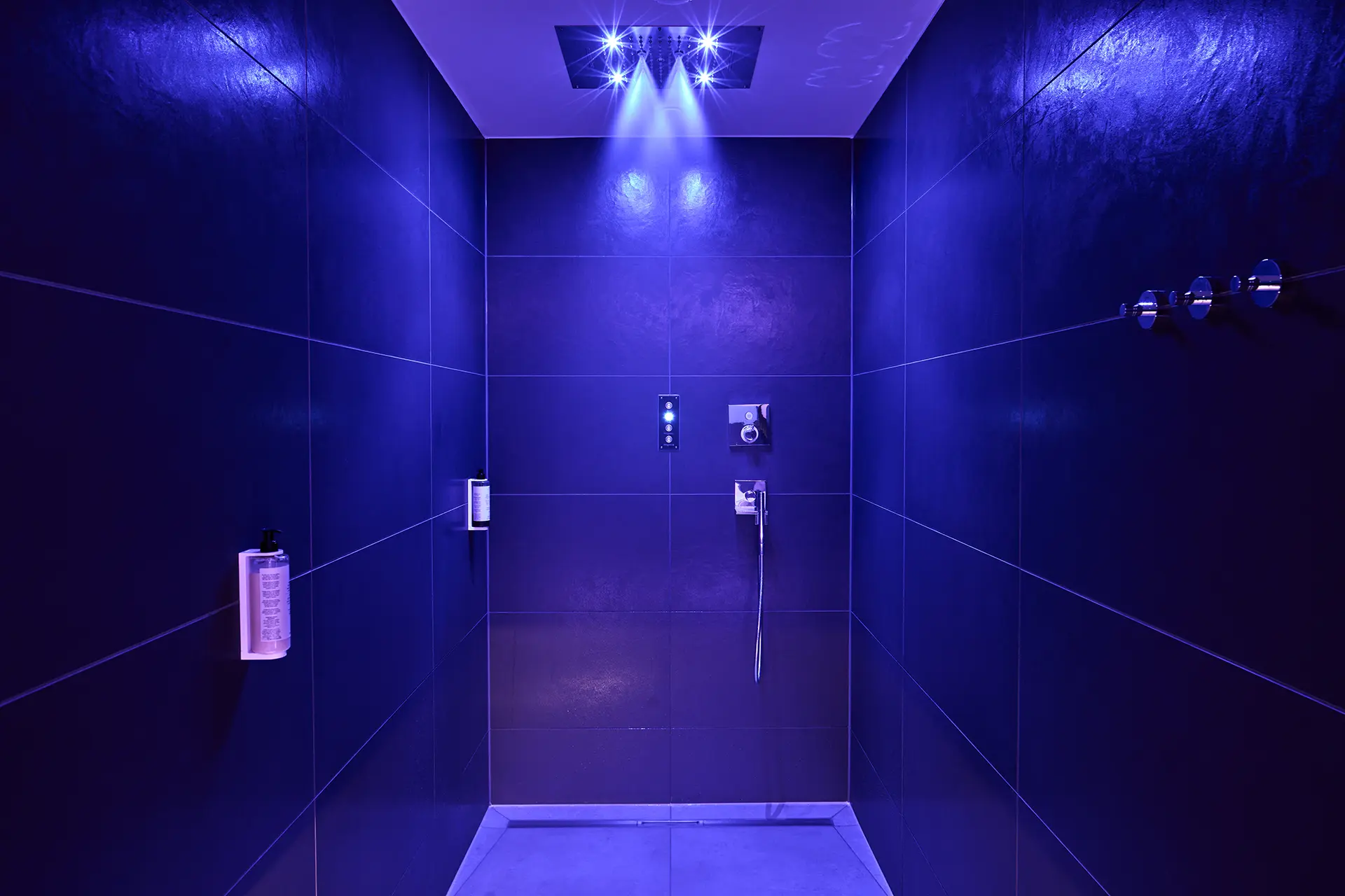 Echtbild der Erlebnisdusche mit blauer Lichtstimmung und der Nebelfunktion